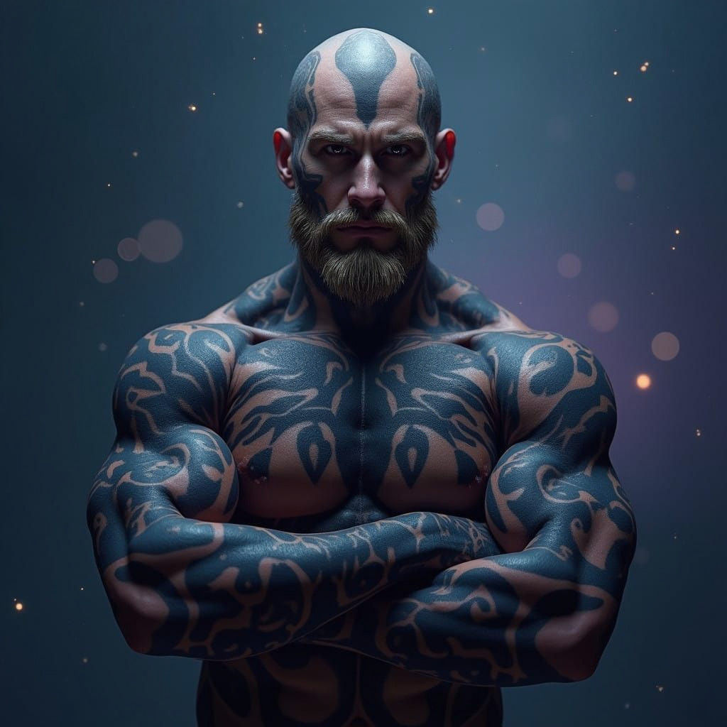 Muscular Nordic Man in Intricate Black Tattoos