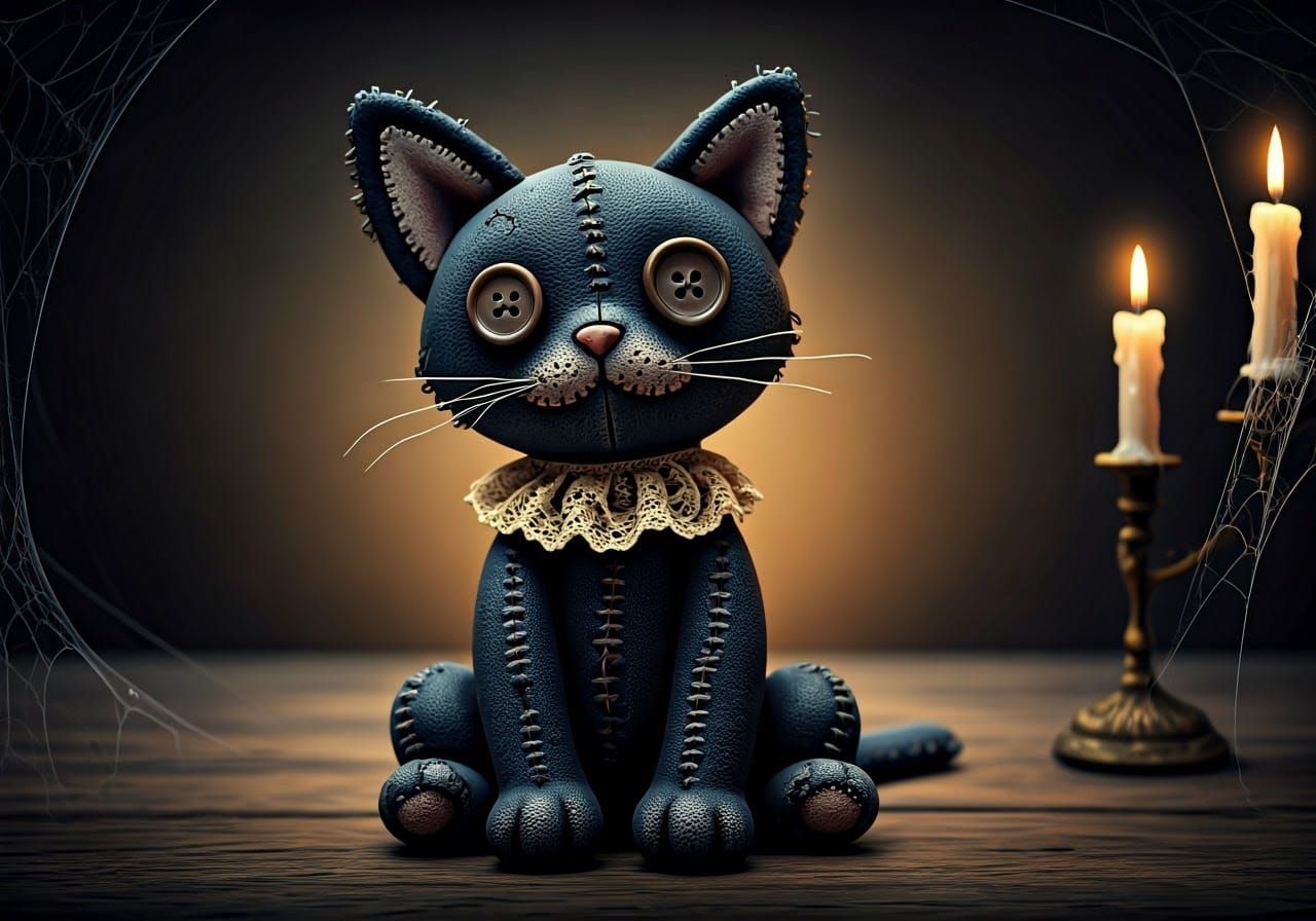 Eerie Porcelain Doll Cat in Dark Surrealist Style