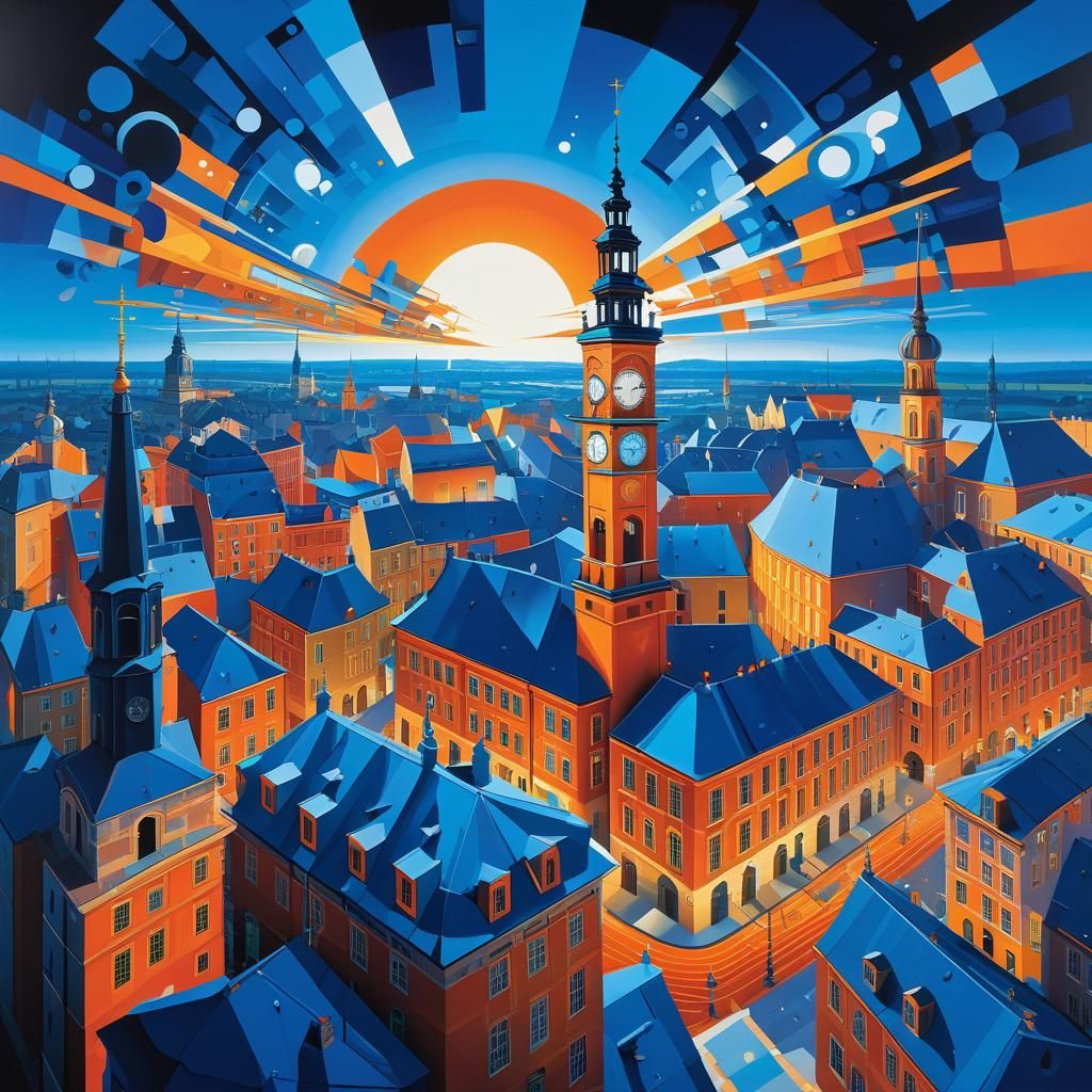 Vibrant Cityscape Painting with Clock Tower