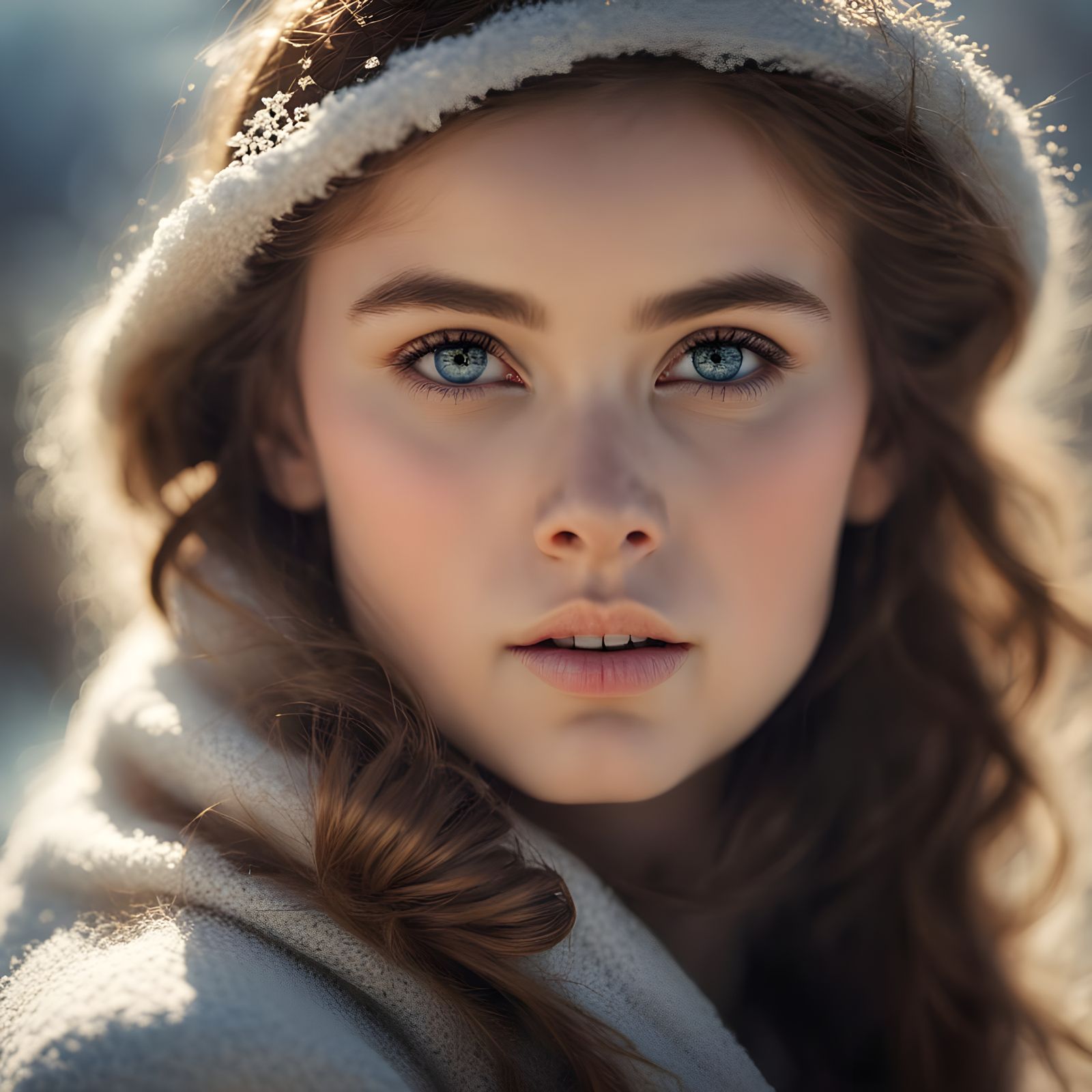 Noblewoman Portrait with Beautiful Eyes in Snow
