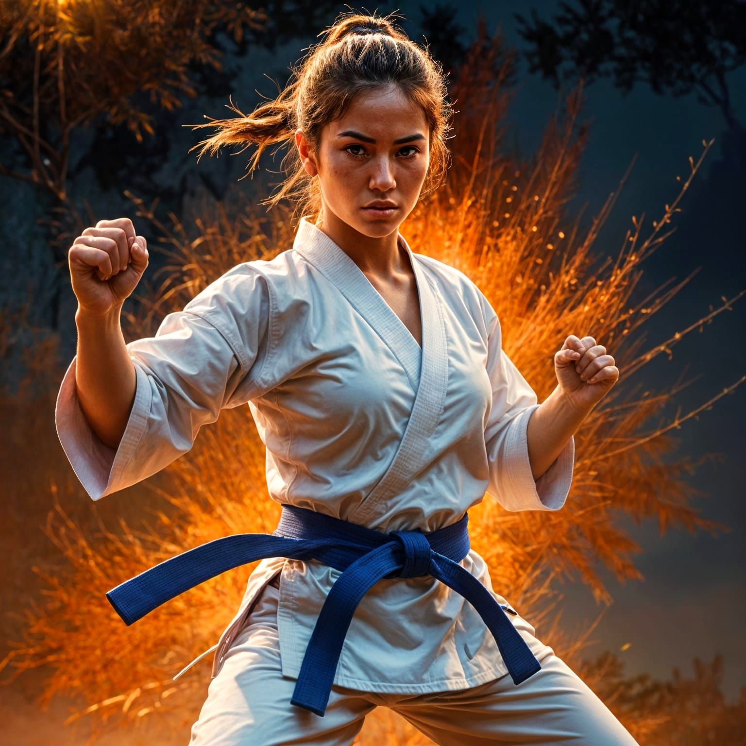 Female Karate Athlete in Mountain Dojo Sunset