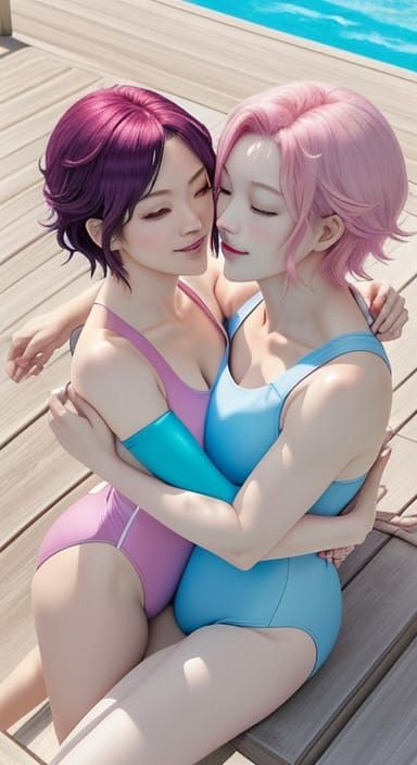 Vibrant Anime Friends Share a Warm Hug Poolside