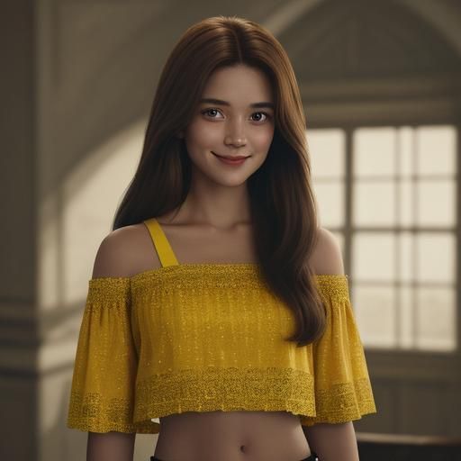 Hyperrealistic Portrait of Belle Smiling in Yellow