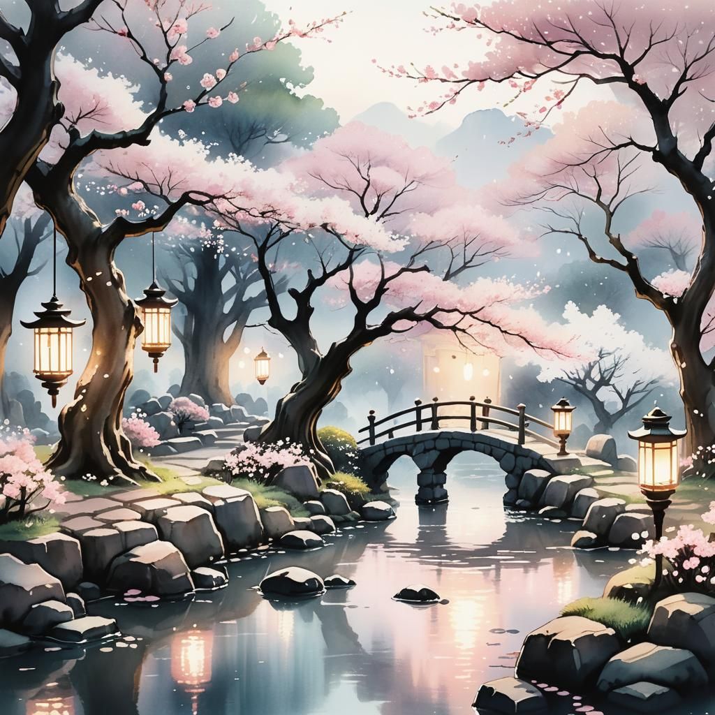 Cherry Blossom Garden at Dusk: Watercolor Concept Art
