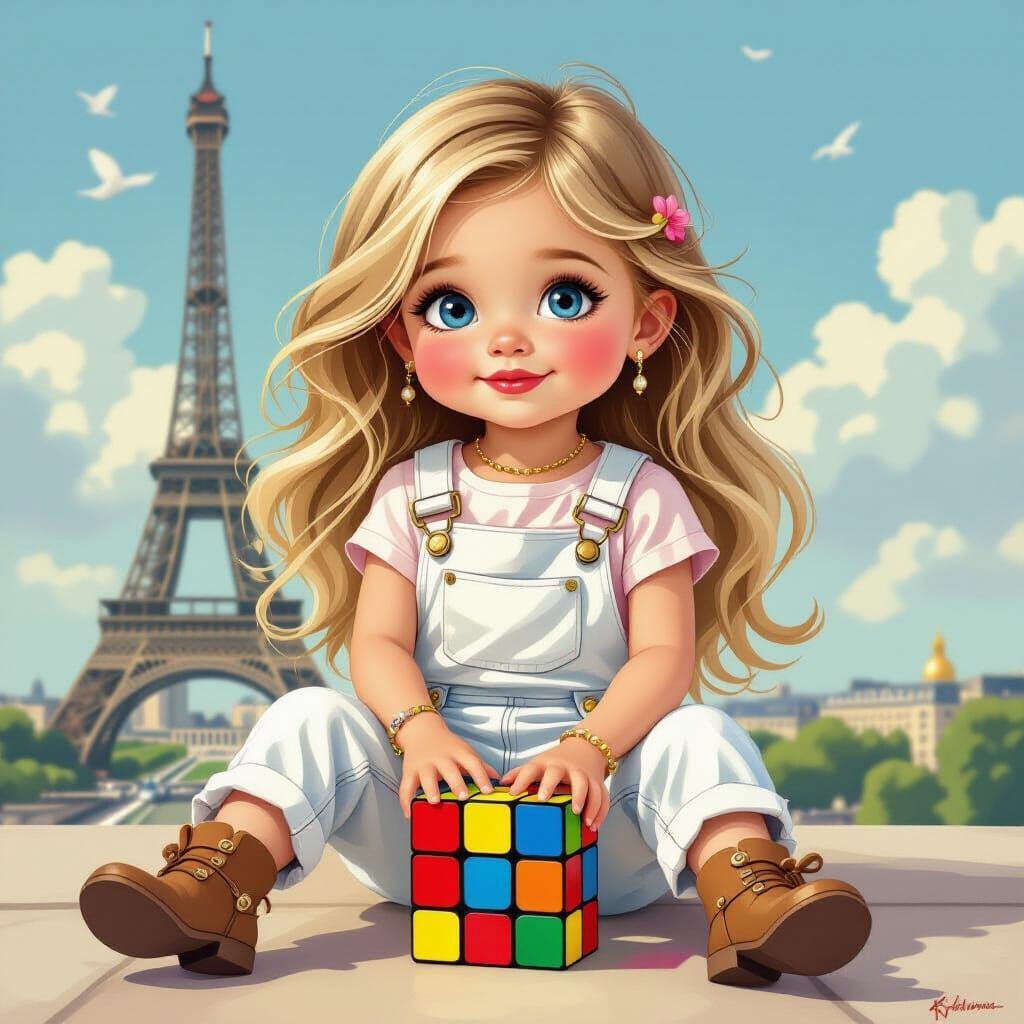 Blonde Girl Plays With Rubik's Cube By Eiffel Tower