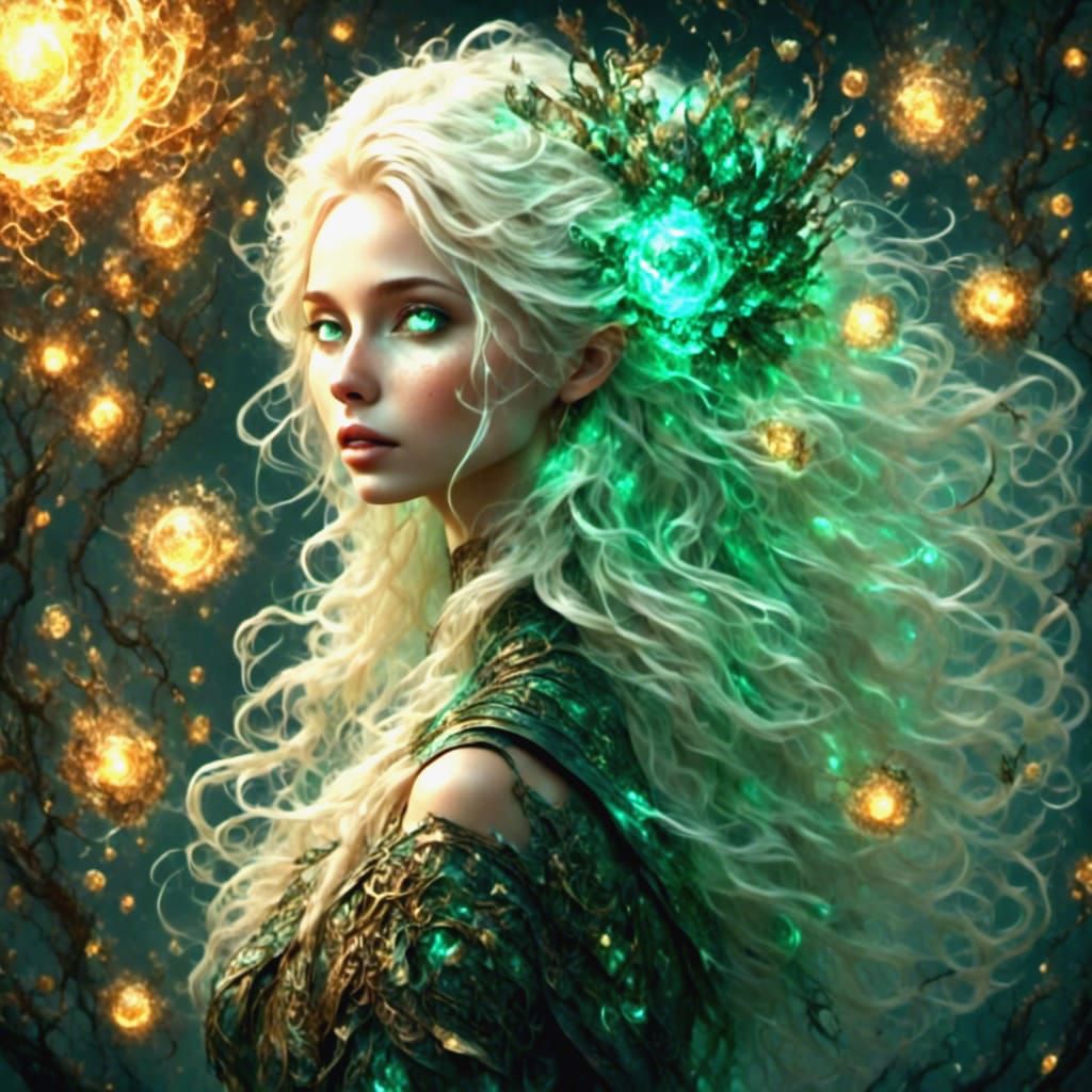 Girl with Glowing Eyes in Cosmic Illustration