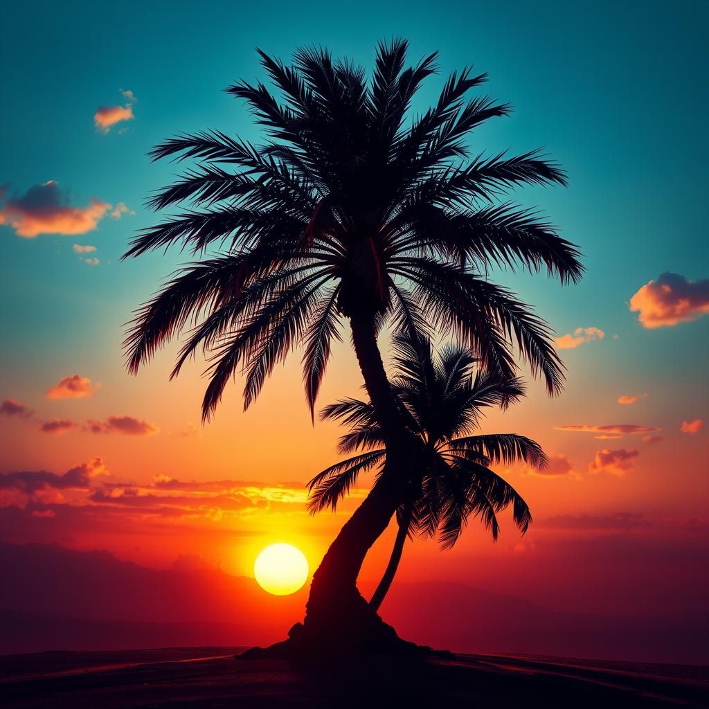 Palm Tree Silhouette at Sunset in Hyperrealistic Splash Art