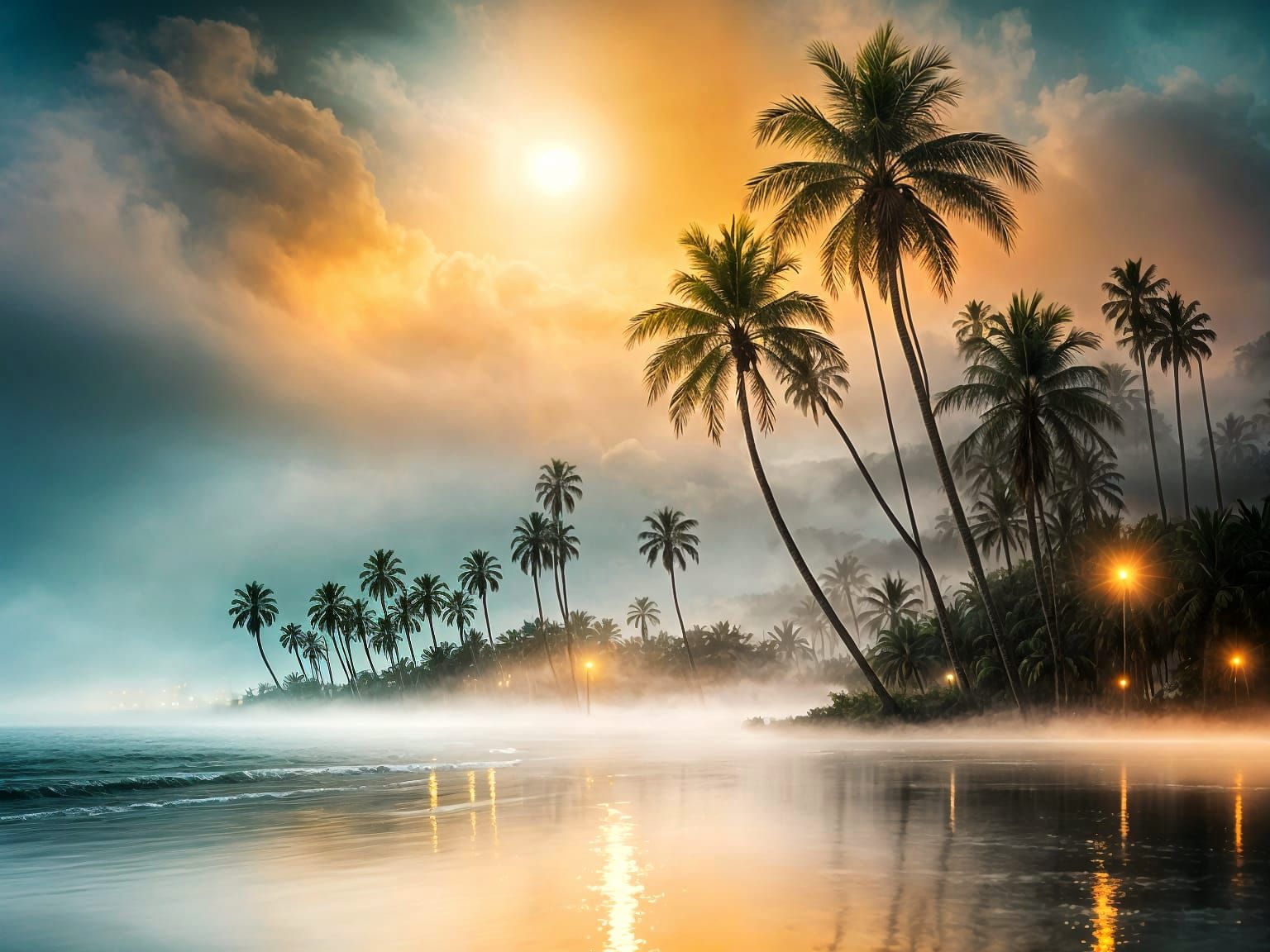 Misty morning: Tropical Beach with Palm Trees