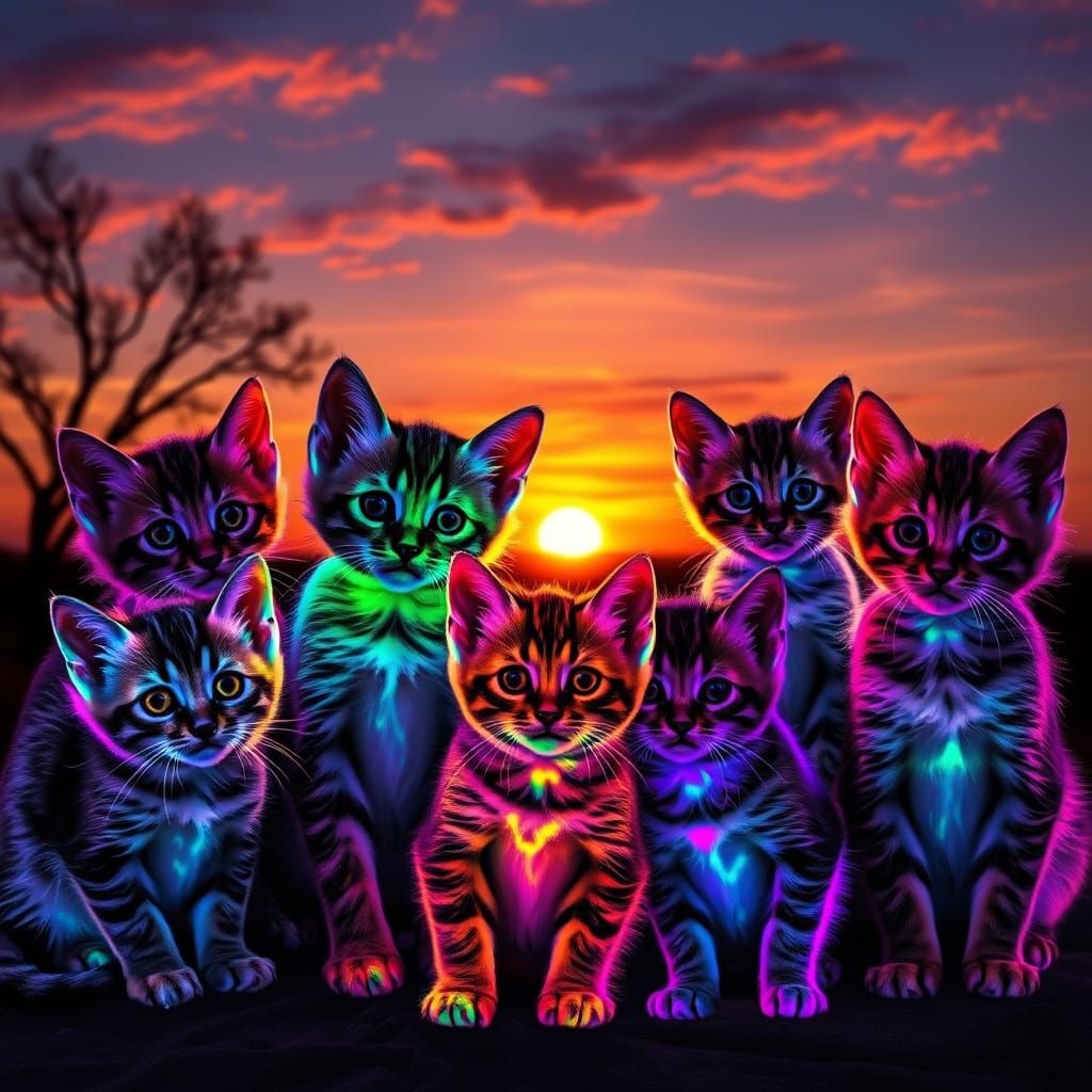 Sunset Kittens Collage with Bioluminescent Rainbow Colors