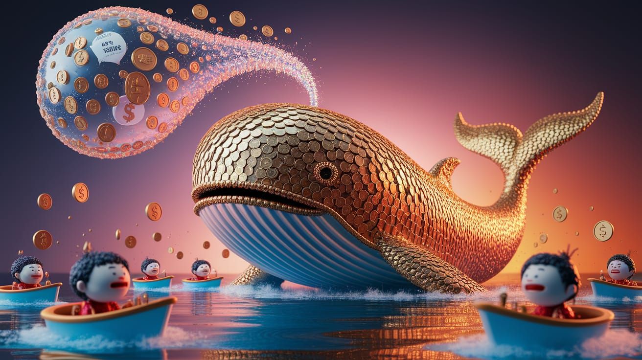 A Whale Made of Gold Coins Blows a Bubble of Tokens and Meme...