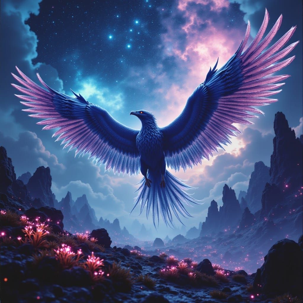 Majestic Griffin Soars Through Cosmic Nebula Sky