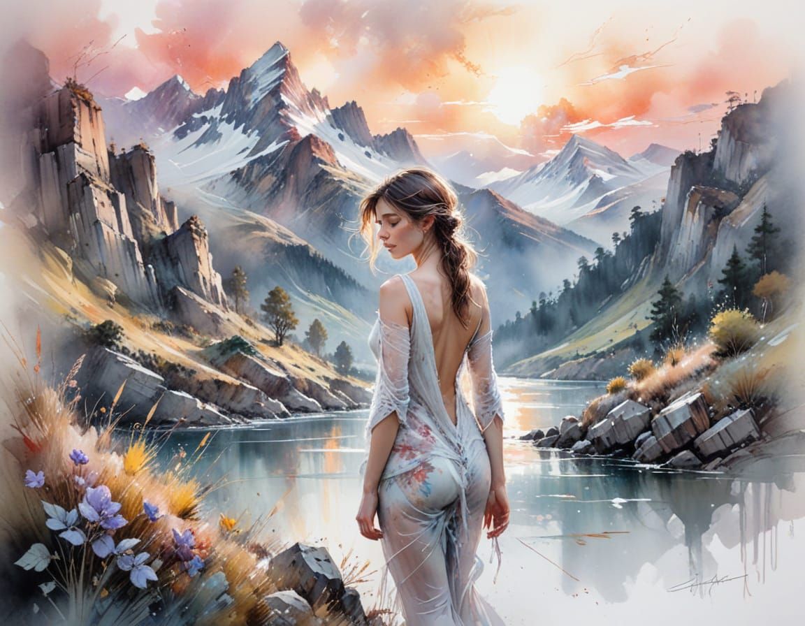 Mountain Sunrise in Watercolor with Pastel Colors