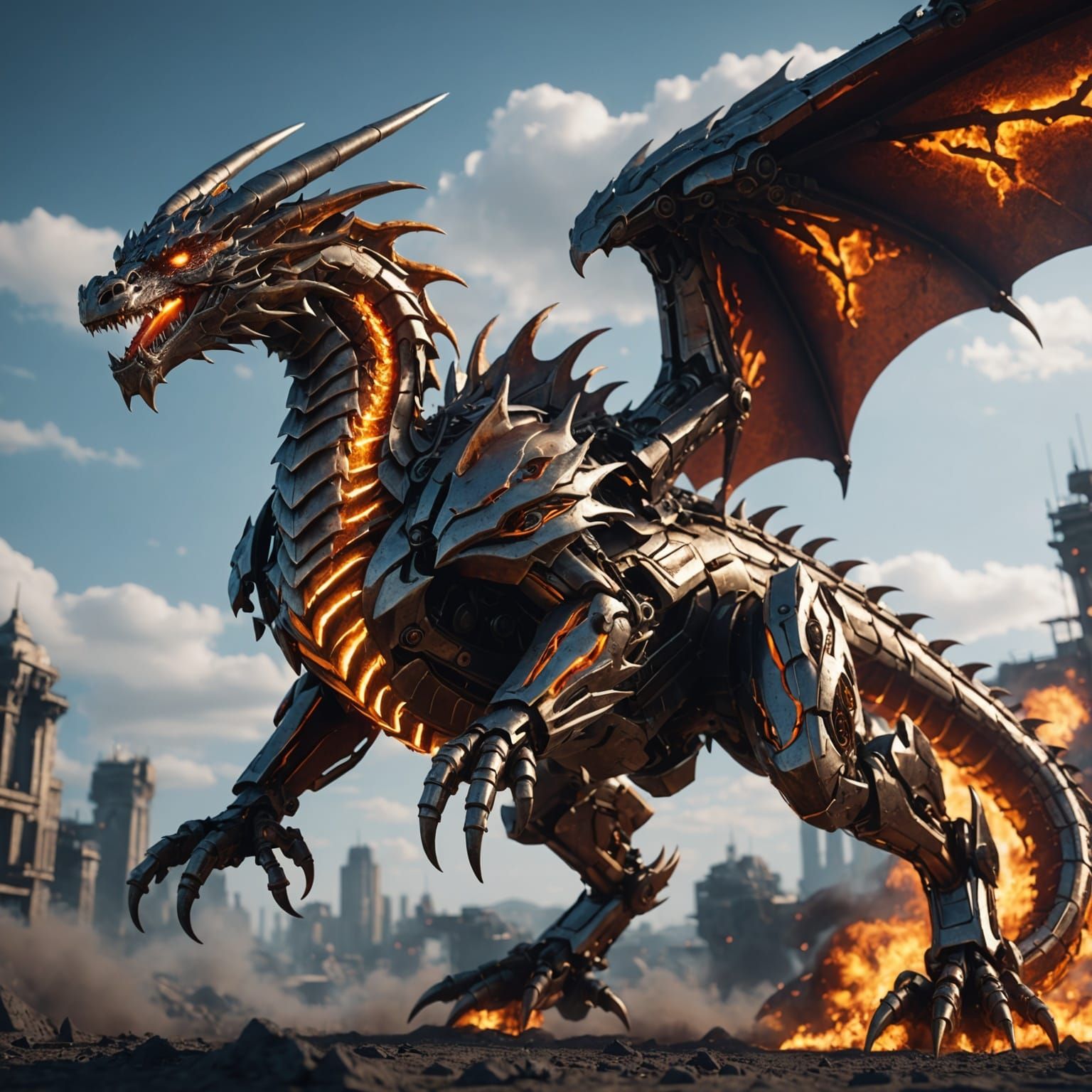 Futuristic Fire Dragon Flying in a Sci-Fi Sky