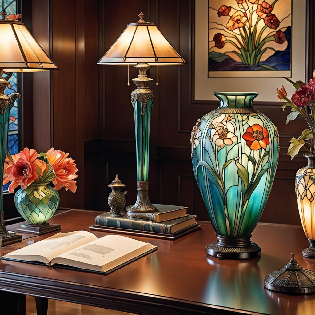 Art Deco Library with Tiffany Glass and Lalique Vase