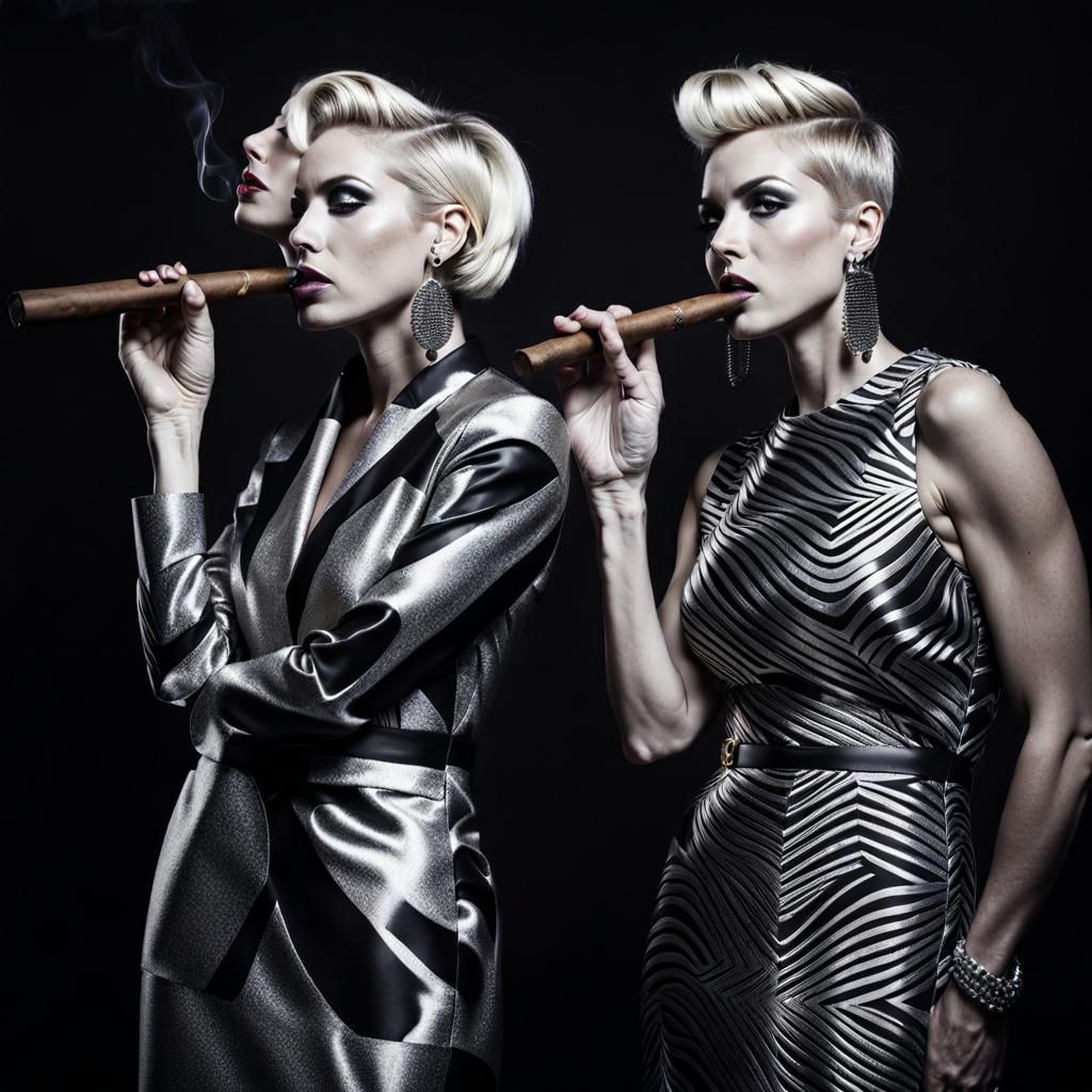 Women Smoking Cigars in Silver and Black Dresses