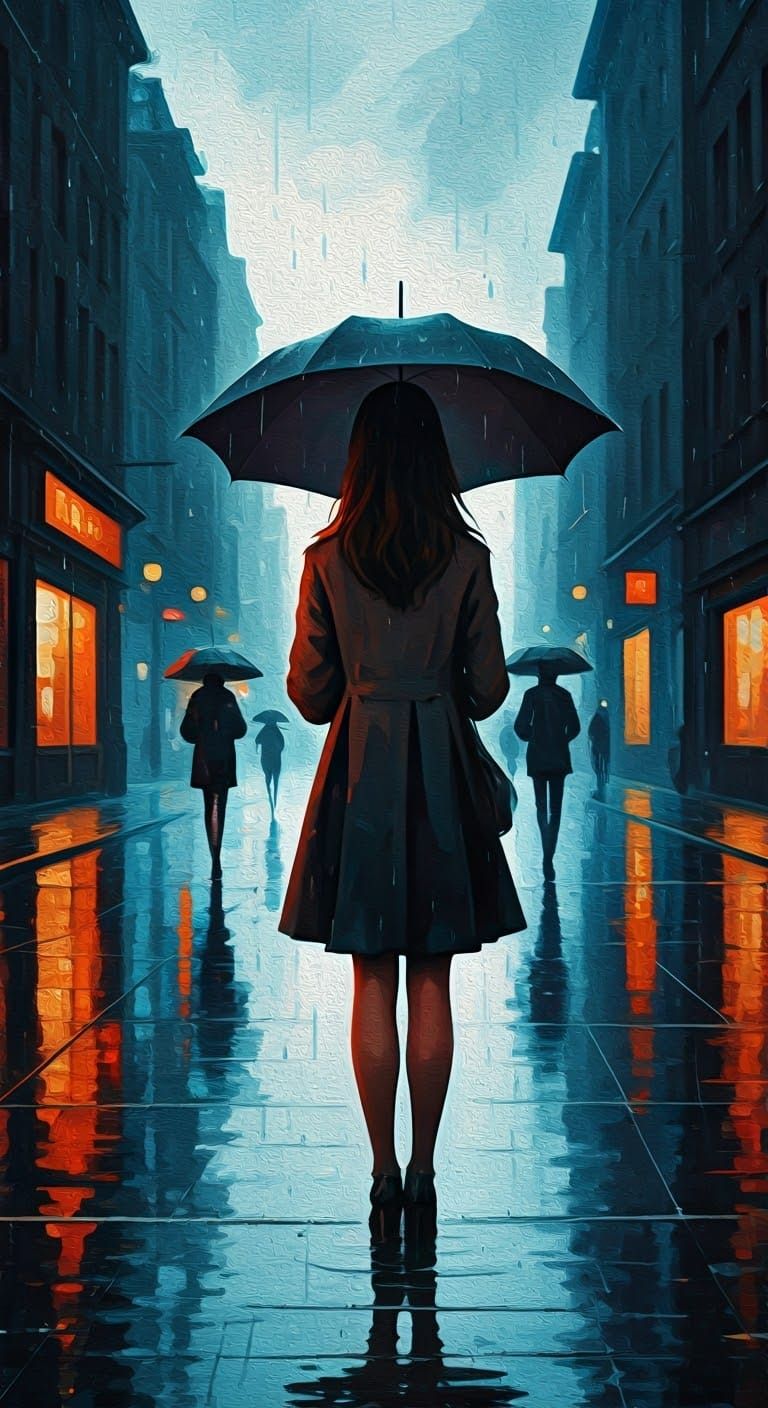 Rainy City Melancholy in Neo-Expressionist Oil Painting