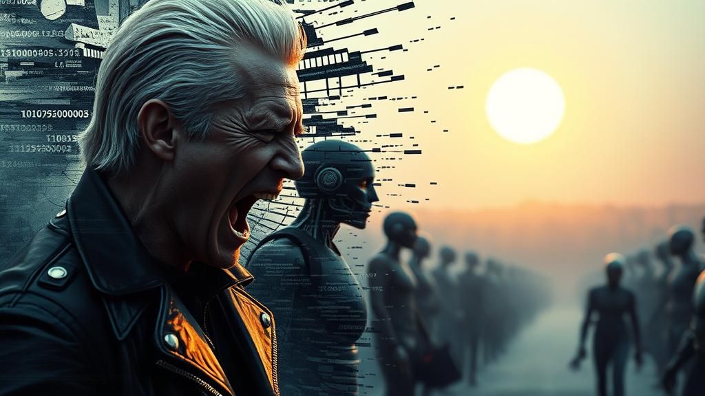 Dystopian Man Dissolving into Digital Chaos