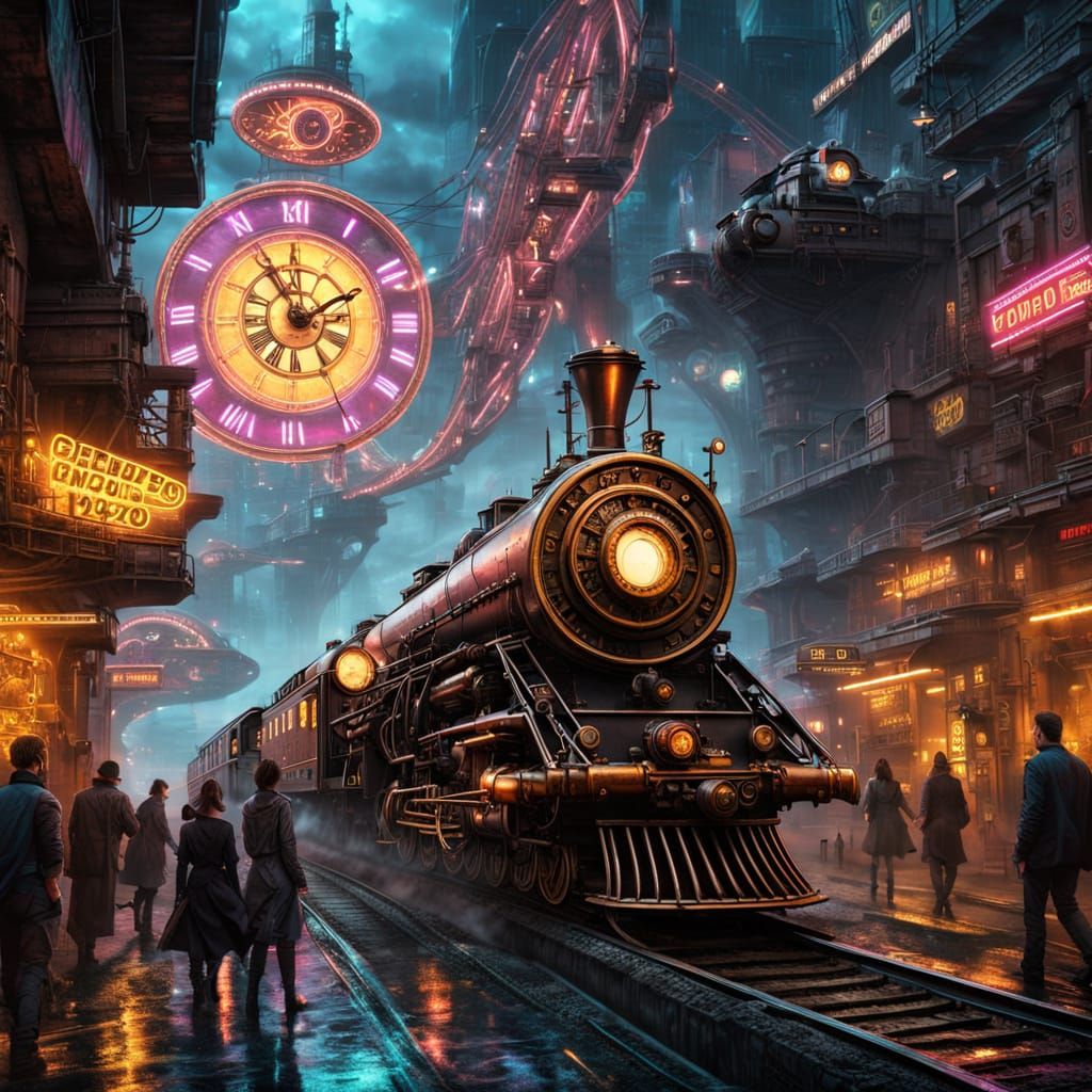 Steampunk Train Enters Cyberpunk World