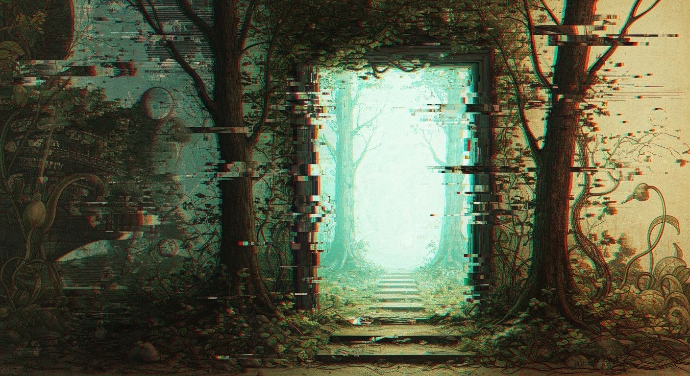 Glitched Portal in Woods: Digital Art in Botanical Style