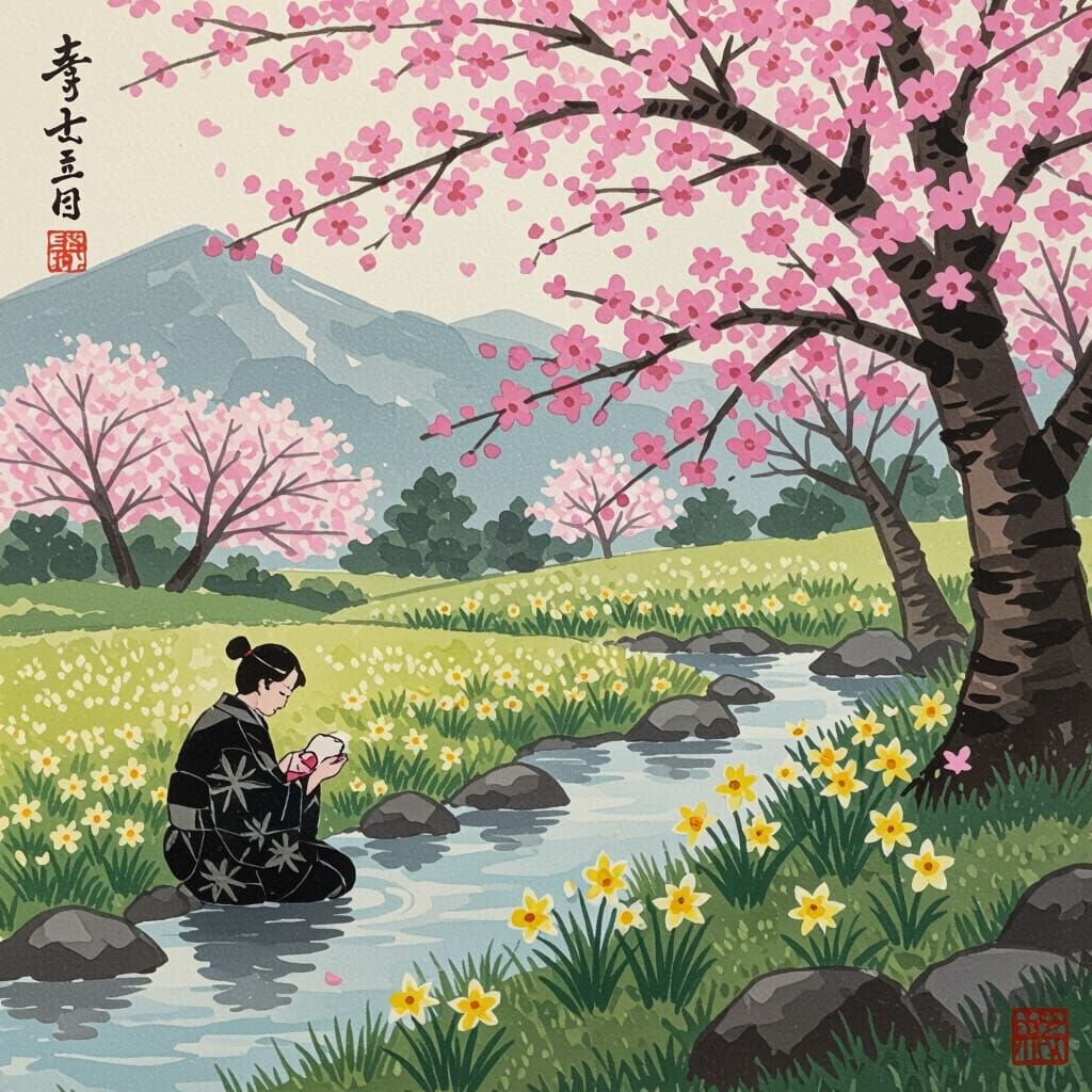 Yamato-e Masterpiece: Winter Daffodils and Cherry Blossoms
