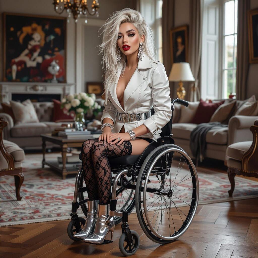 Platinum Blonde Woman in Latex Jacket in Mansion