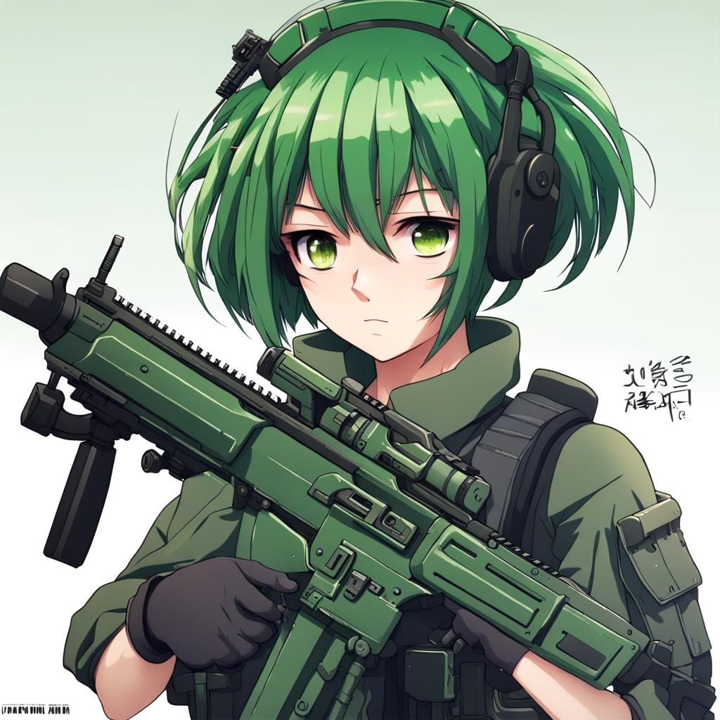 Anime Girl with Green Hair and Machine Gun