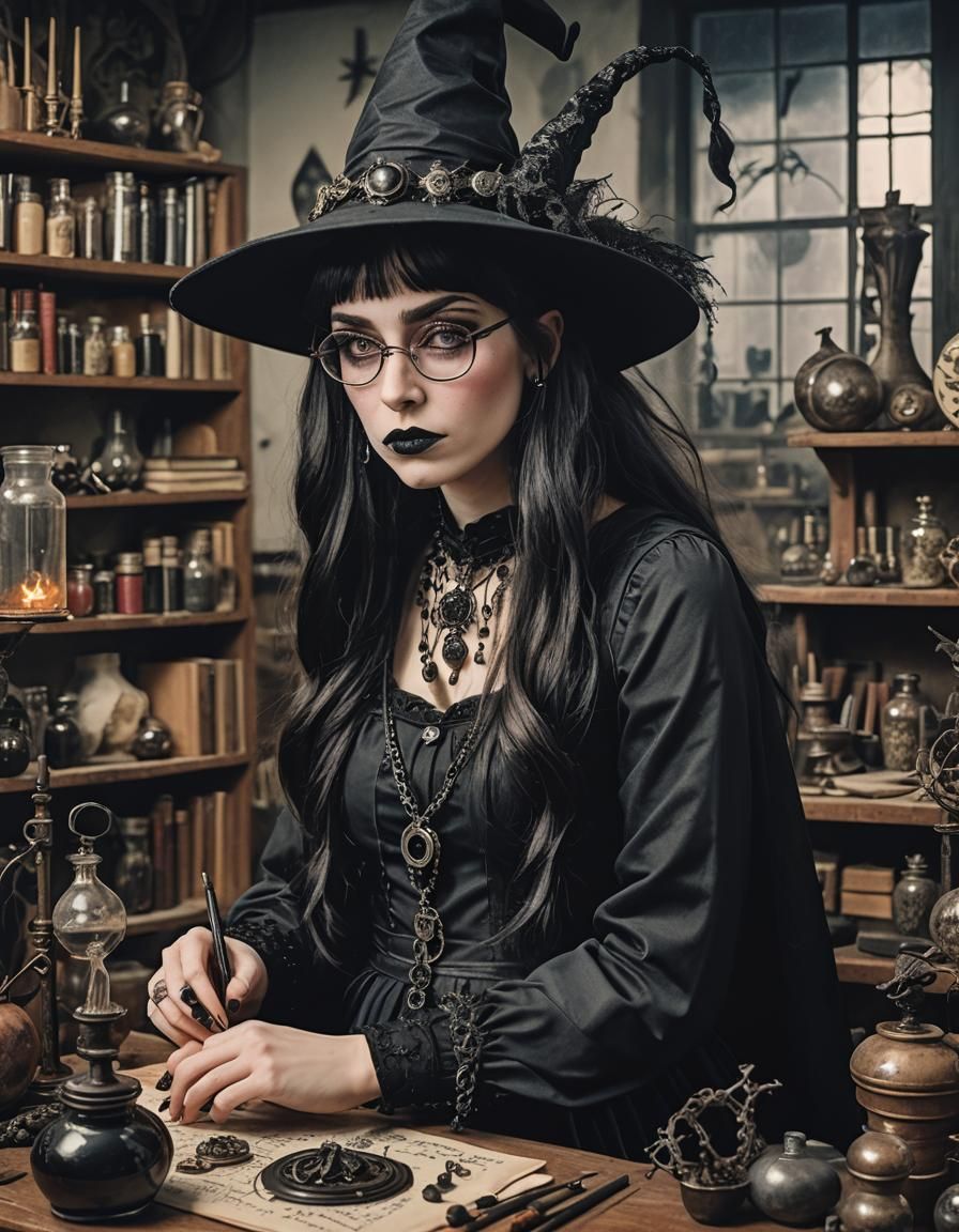 Gothic Witch Making Spells in Laboratory