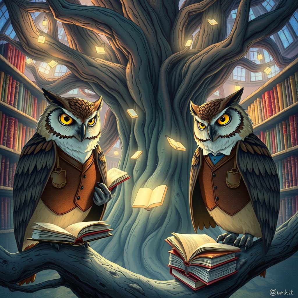 Owl Librarians Tend to Runes in Ghibli Library