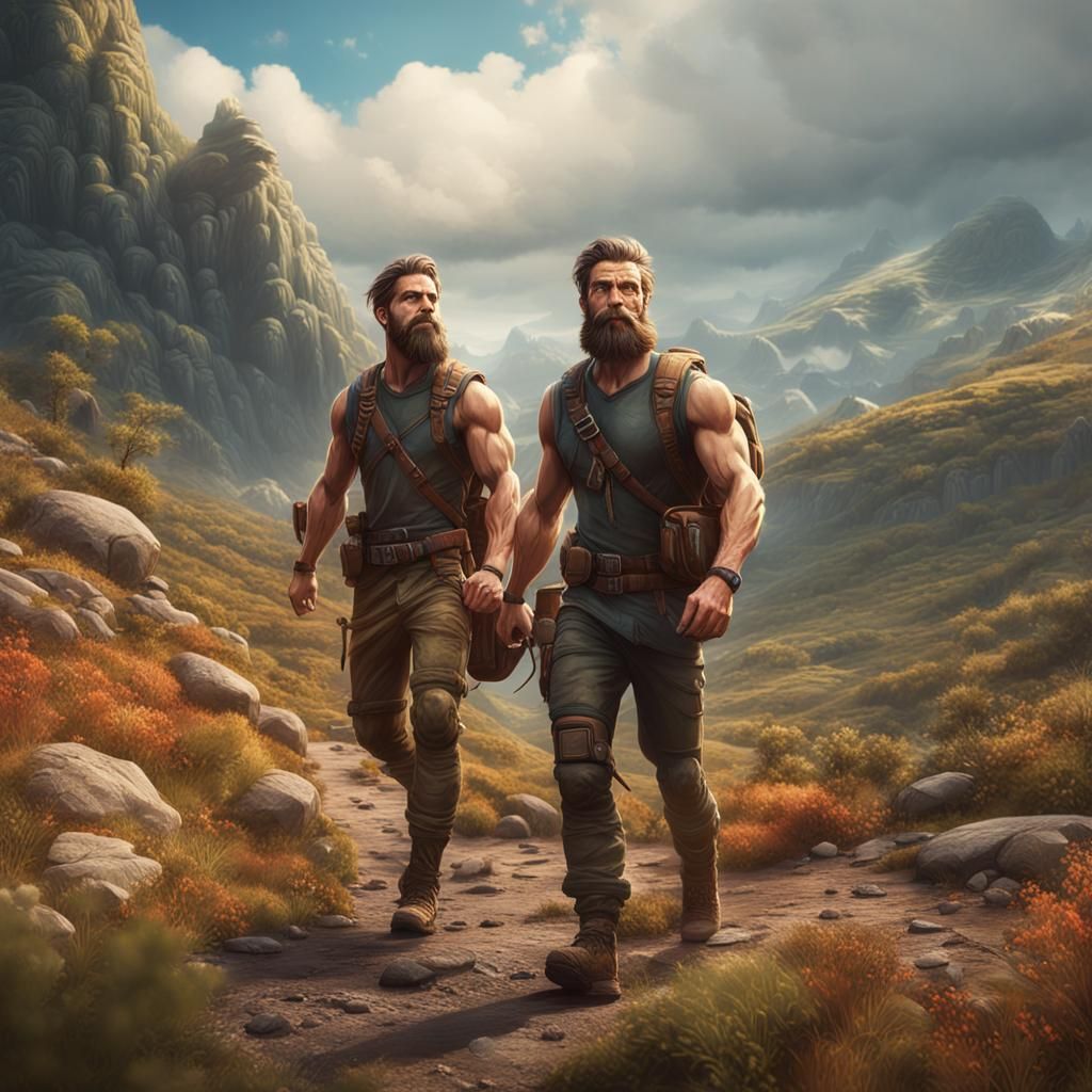 Two Bearded Men Hiking on a Sunny Day