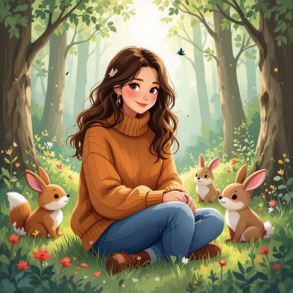 Woman Surrounded by Animals in Enchanted Forest