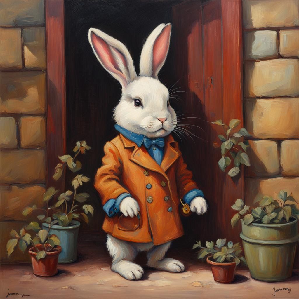Bunny in Coat: Oil Painting Style Nursery Art