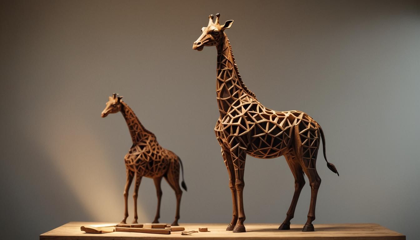 Carved Wooden Giraffe Sculpture in Dimly Lit Studio