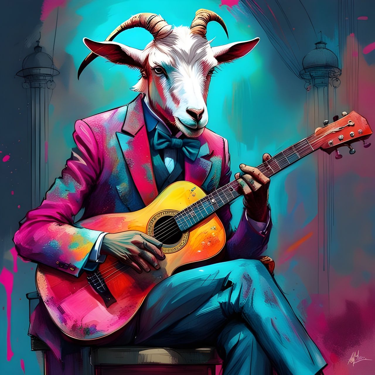 Surreal Goat Guitarist in Rococo Inkpunk Style