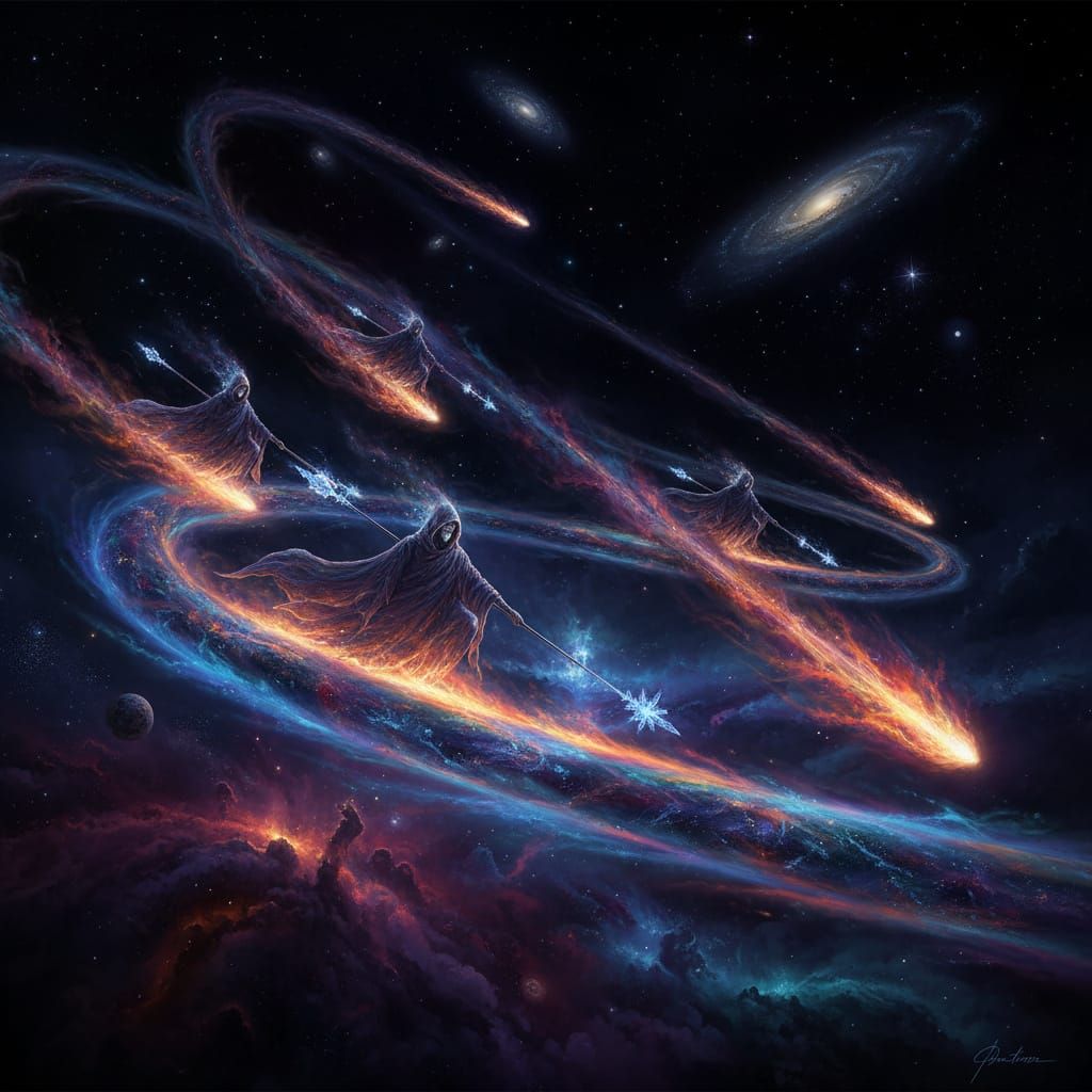 Cosmic Shepherds Guiding Fiery Trails in Night Sky