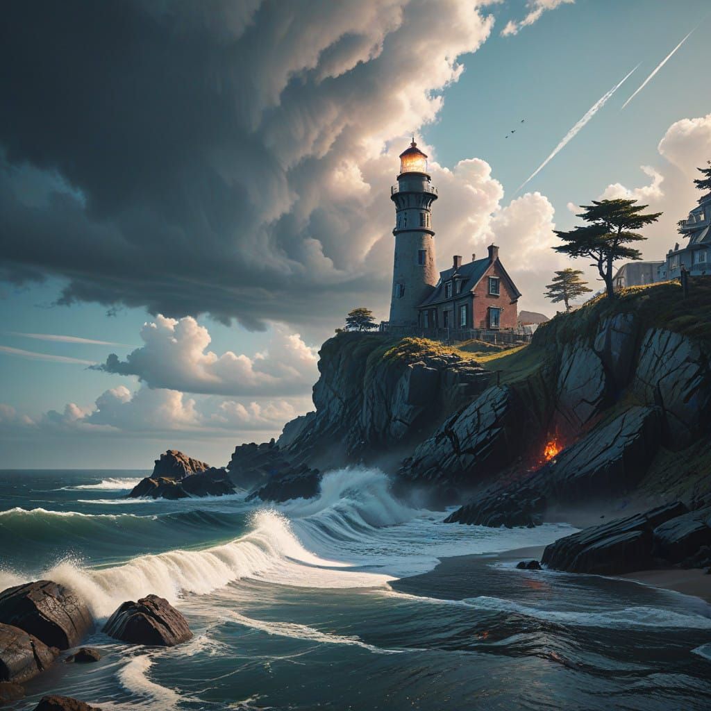 Luminous Lighthouse: Cyberpunk Shoreline Elegance