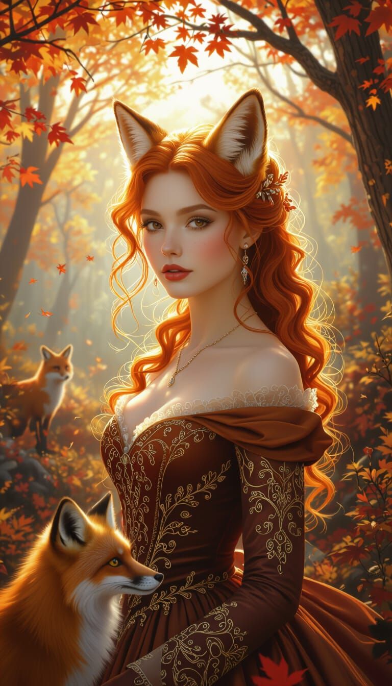 Enchanted Autumn: Woman with Fiery Hair in Forest