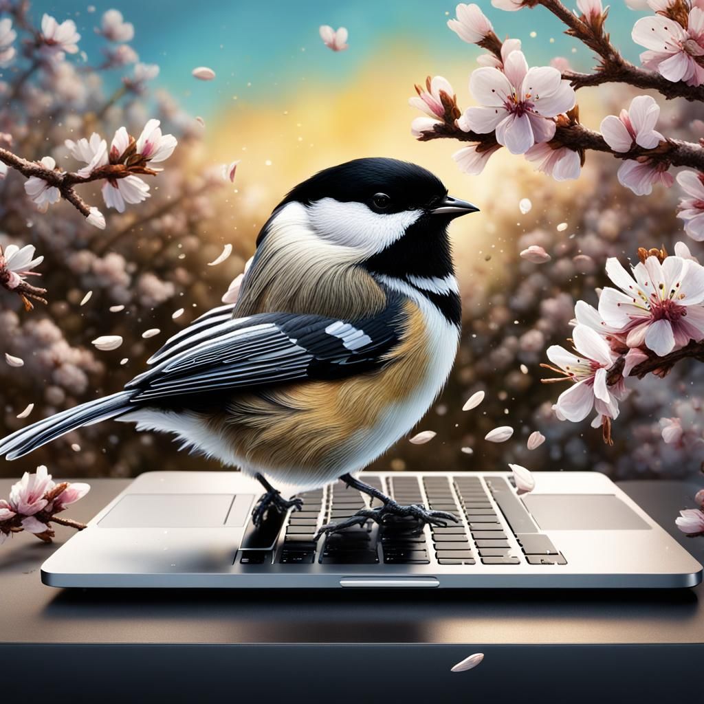 Chickadee on MacBook with Blossoms: Hyperrealistic Splash Ar...