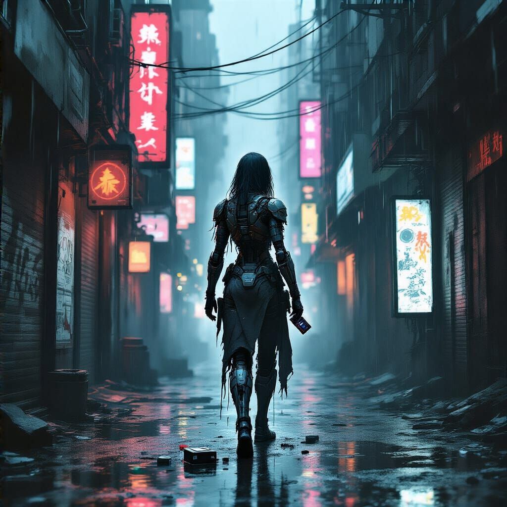 Android Woman in Neon City Alleyway Sketch Art