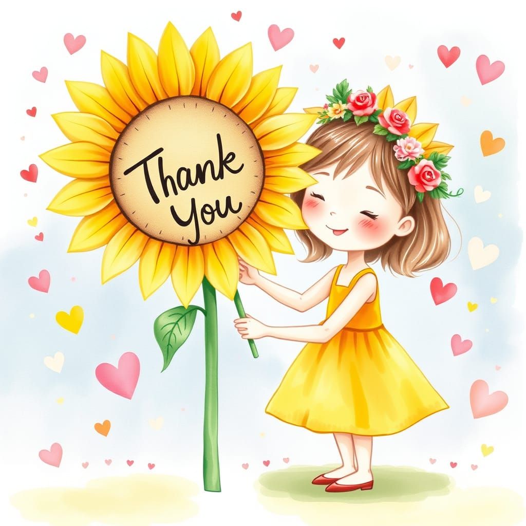 Girl Presents Giant Sunflower in Watercolor Style