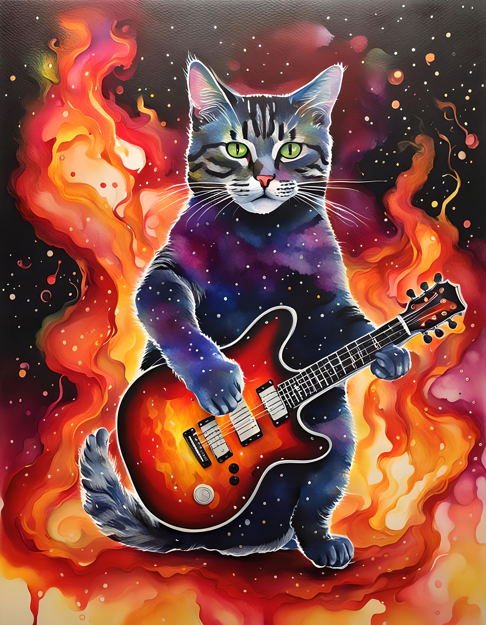 Flaming Guitar Cat in Alcohol Ink Style