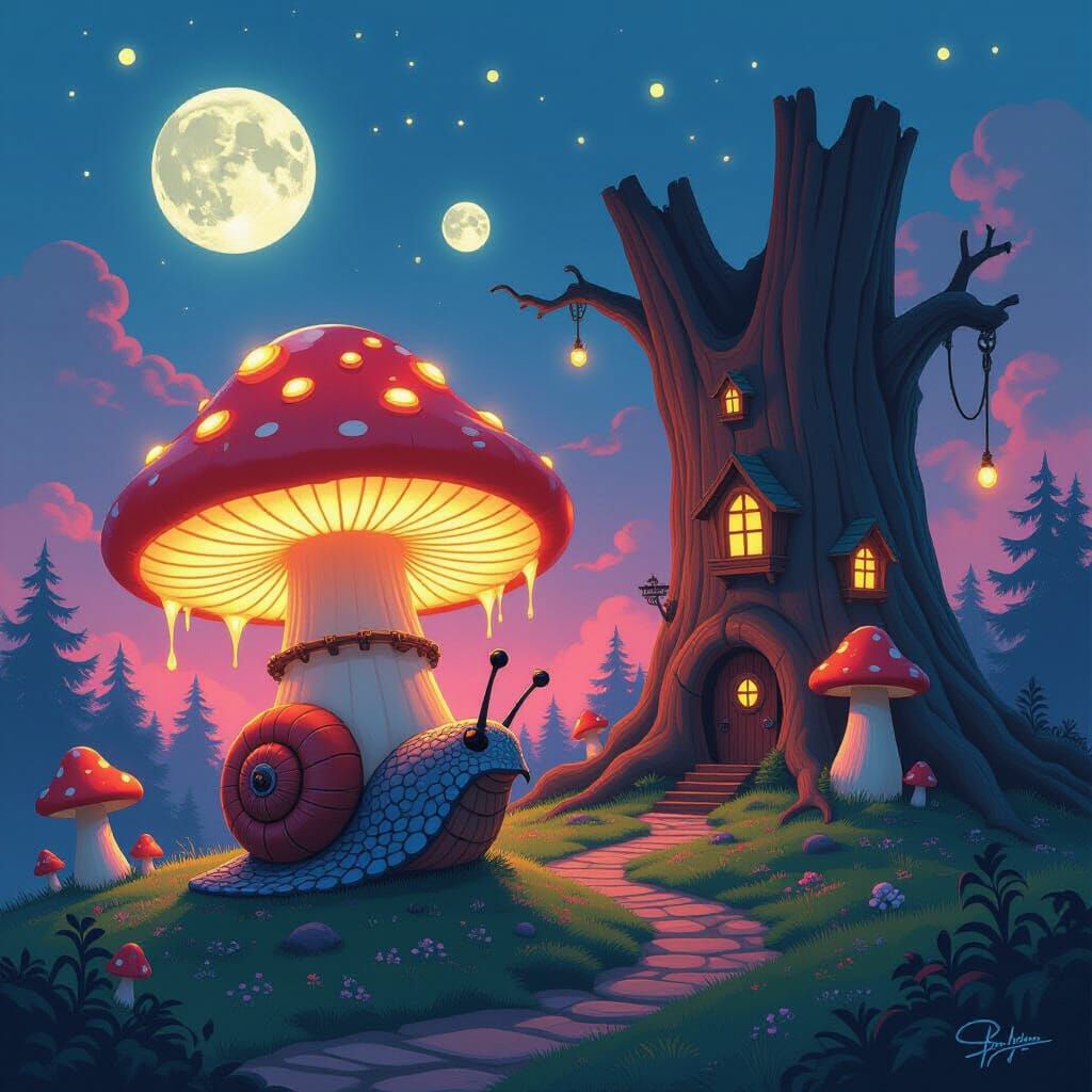 Bio-Luminescent Snail-Mecha in Enchanted Forest