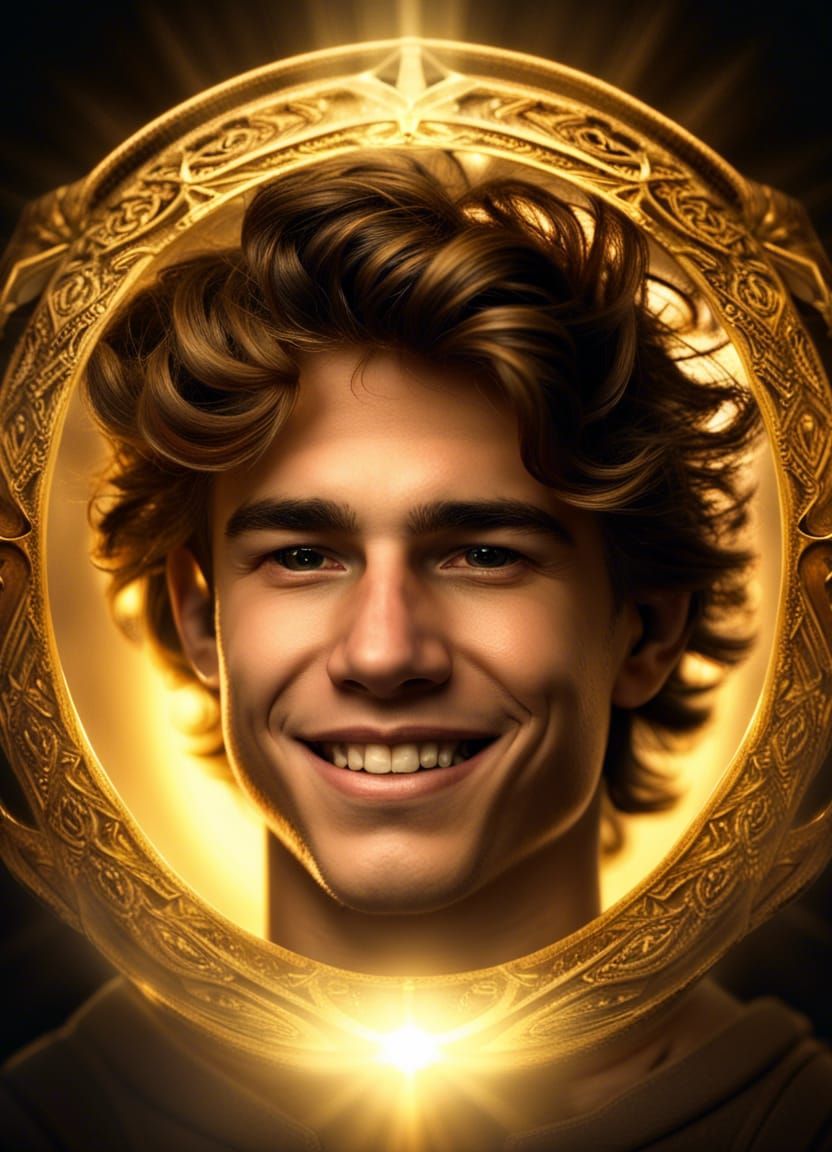 Enlightened Youth with Golden Halo, Hyperrealistic Portrait