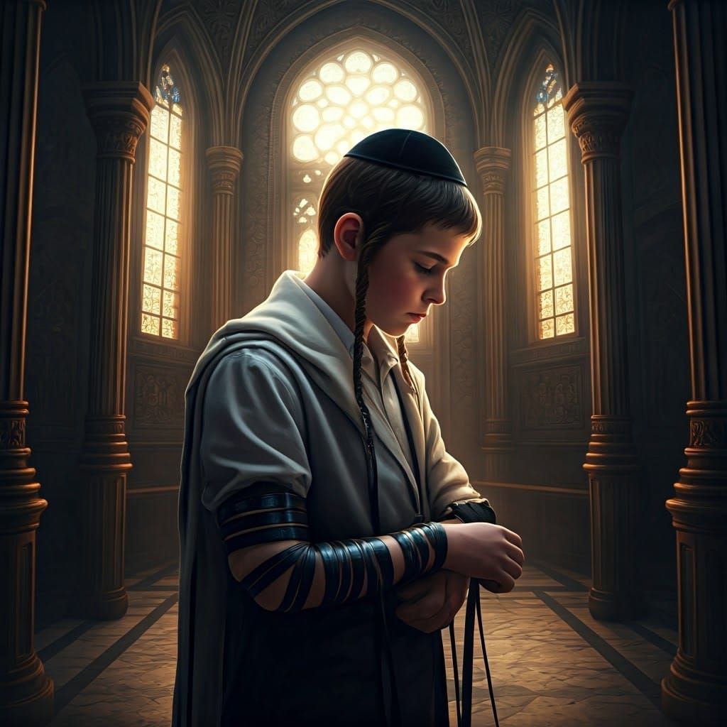 Hasidic Boy Praying in Synagogue, Mystic Realism