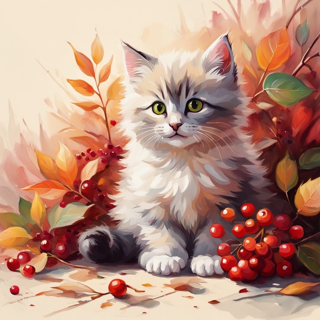 Fluffy Kitten Surrounded by Autumn Leaves