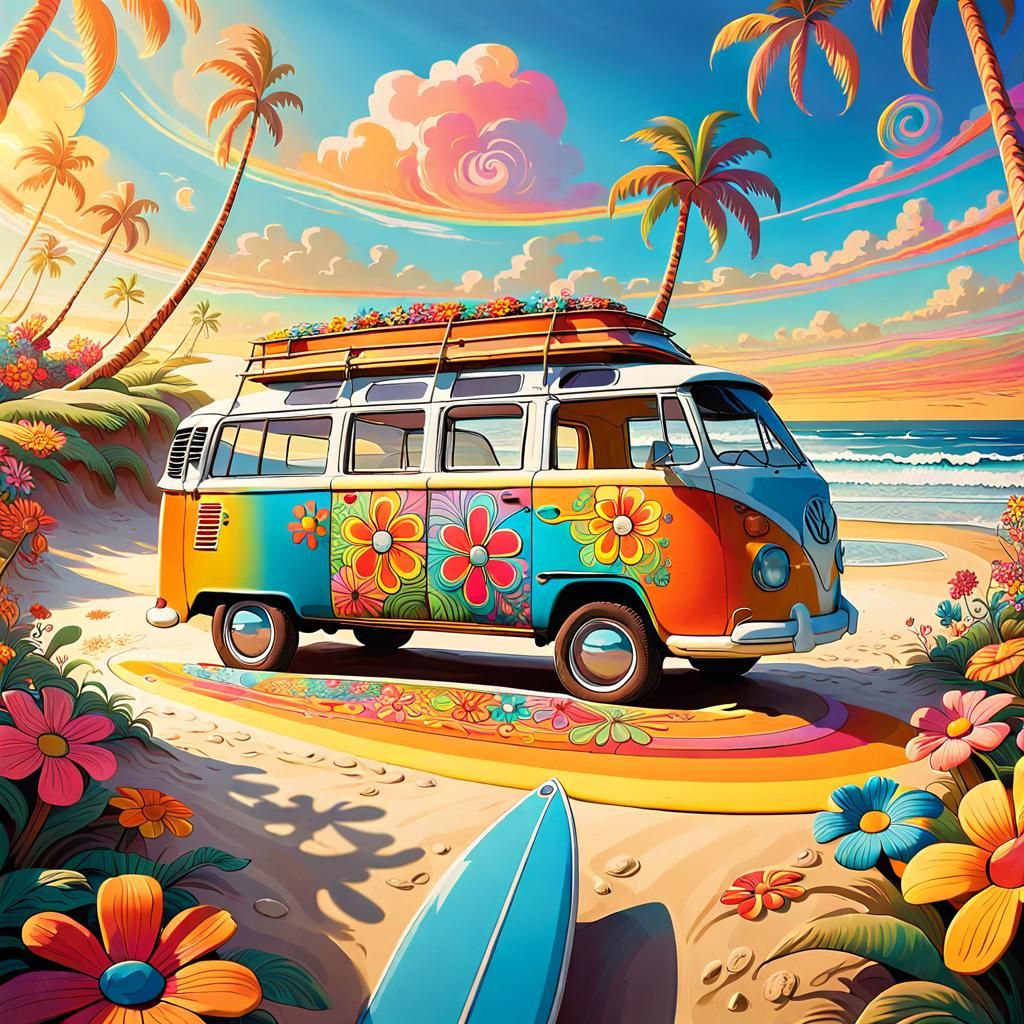 Psychedelic 70s VW Van on Tropical Beach