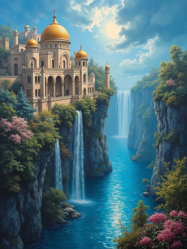Surreal Cliffside City with Ornate Domes