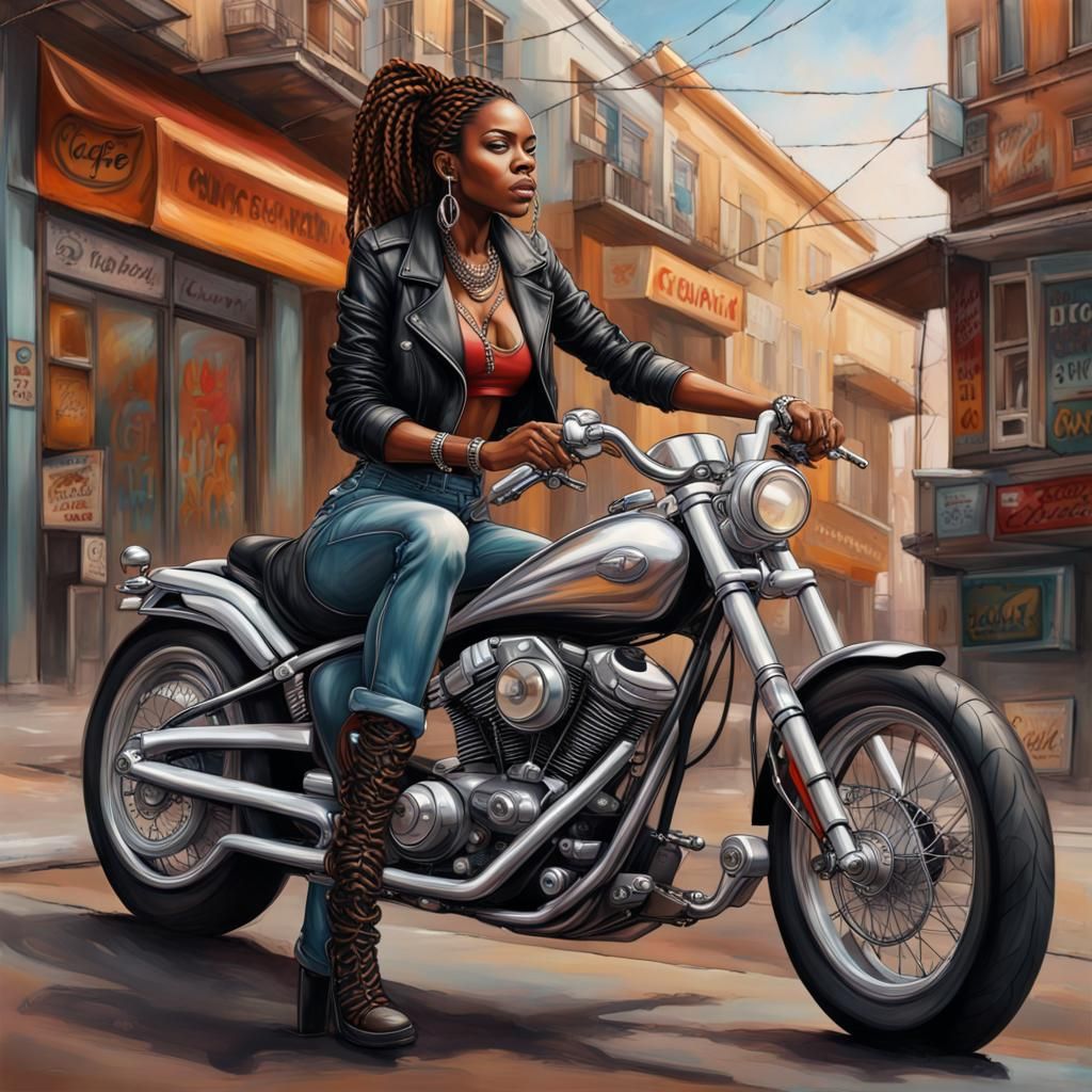 Biker Chic: Woman on Motorcycle, Hyperrealistic Splash Art