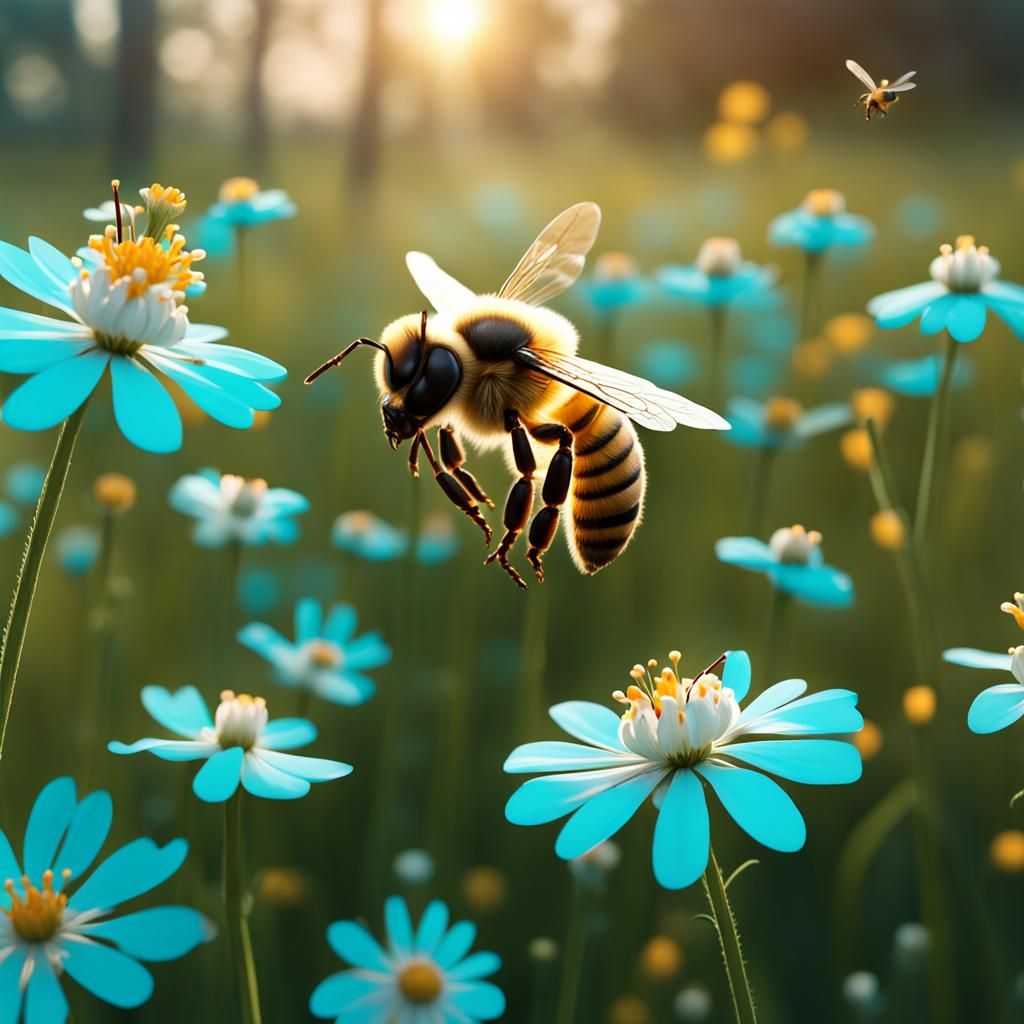 Hyperrealistic Honeybee in Wildflower Meadow at Dawn