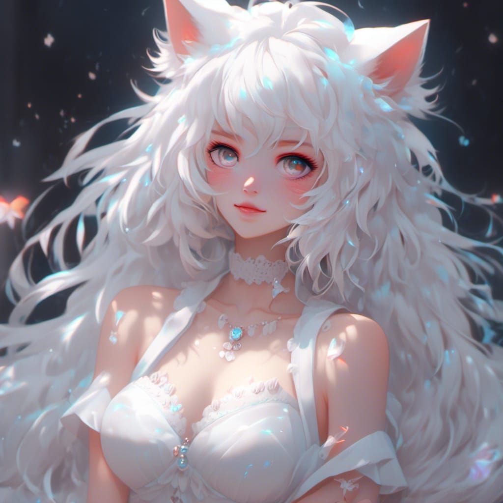Icy White Furry Cat Girl in Anime Style
