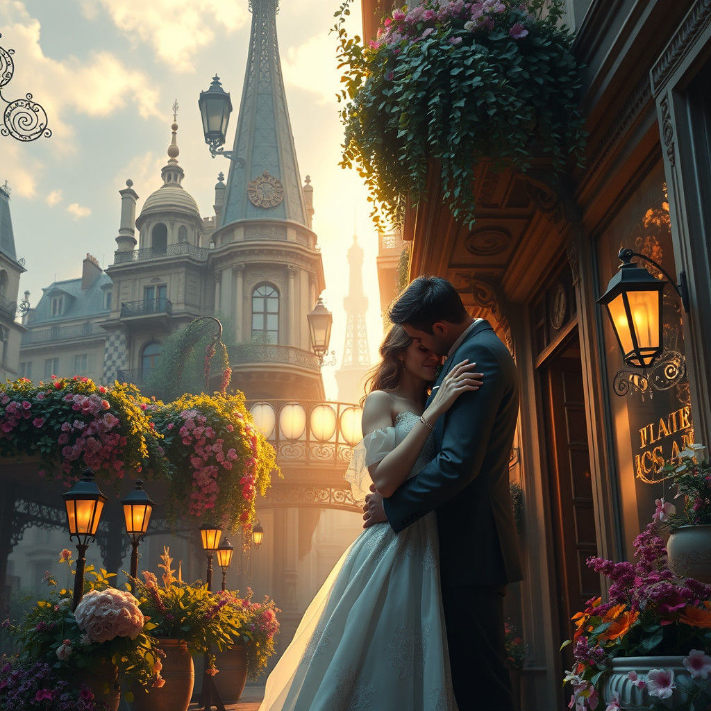 Whimsical Parisian Romance in Dreamlike Golden Light